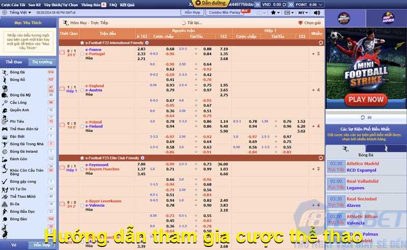 Hướng dẫn tham gia cược thể thao cùng F8bet